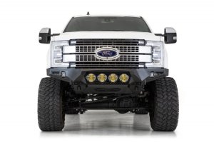 Ford F250 Super Duty Bumper - Front - Addictive Desert Designs - Bomber with Mounts for Rigid 360 6 in. Round Lights - Hammer Black with Satin Black Panels - `17-`20